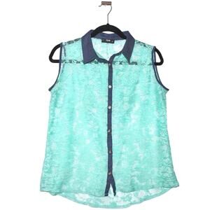 Turquoise Blue Green Lace Button Up Blouse Size Large